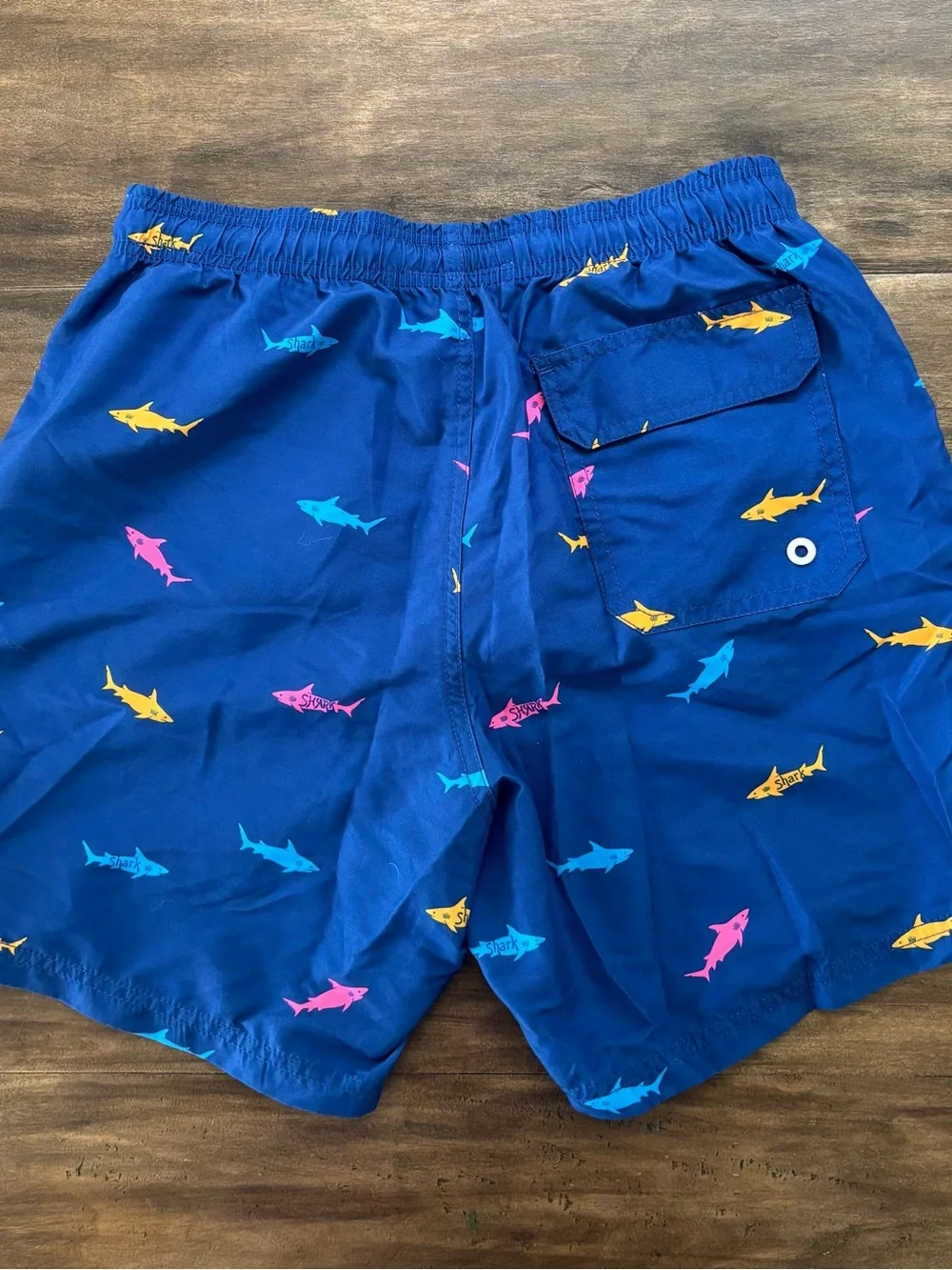 Men's Blue Shark-Print Swim Trunks. Size M